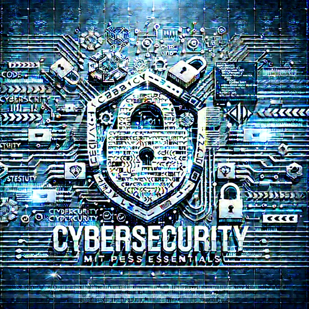 Abstract cybersecurity concept WordArt image for 'Cybersecurity MIT Press Essentials' book review, featuring digital security symbols like padlocks and circuit lines