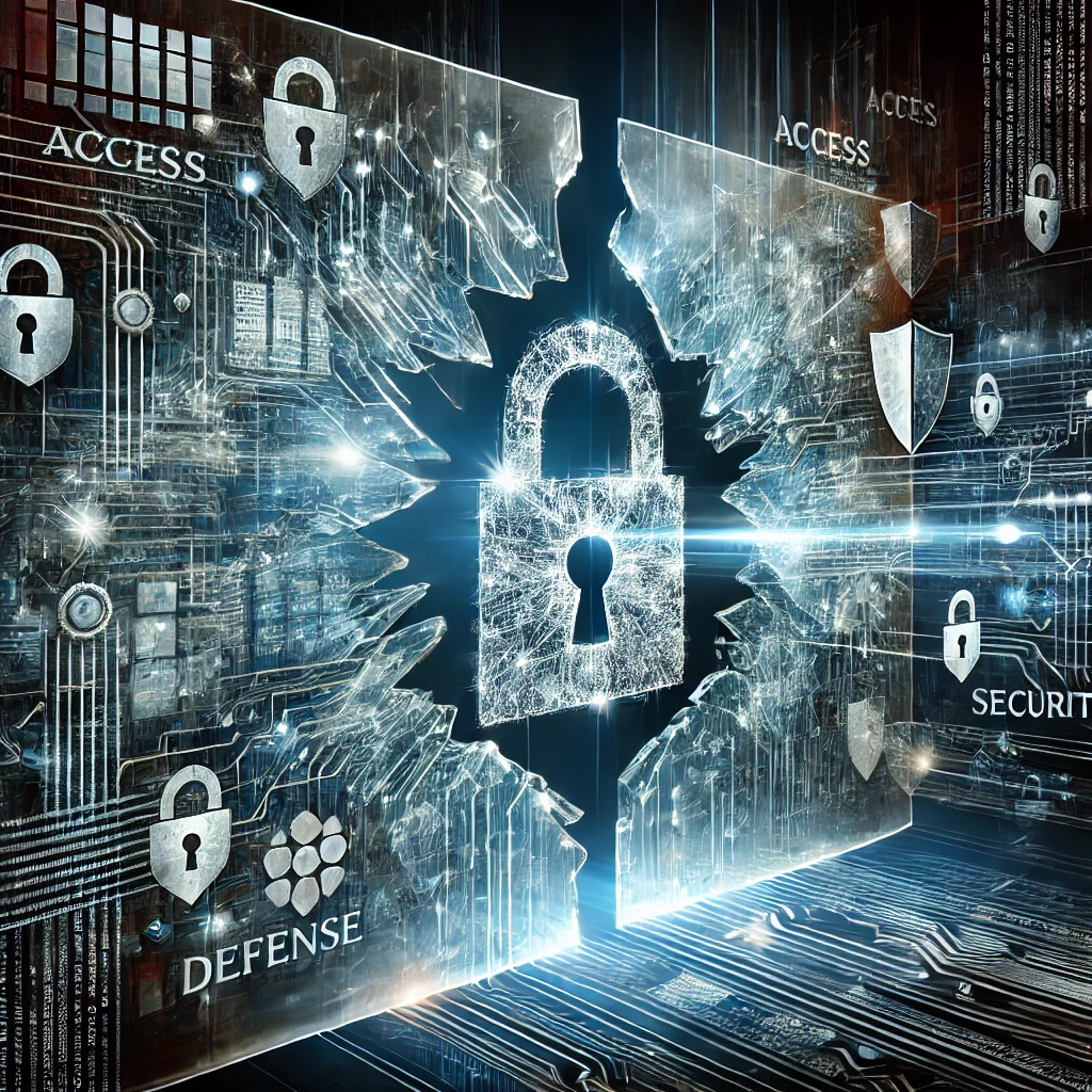 Abstract illustration representing cybersecurity, featuring a fragmented glass wall with glowing cracks, symbolizing breaking through digital barriers. Behind the wall, a complex network of data flows with security symbols such as locks and shields. Embedded words like 'Access,' 'Defense,' and 'Security' highlight key concepts related to penetration testing and digital security. The color palette includes shades of blue and silver, evoking a high-tech, futuristic atmosphere.