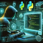 A cyber-themed illustration of a hacker using Python code on a glowing computer screen, with digital security elements like firewalls, encrypted data, and network nodes in the background, symbolizing cybersecurity.