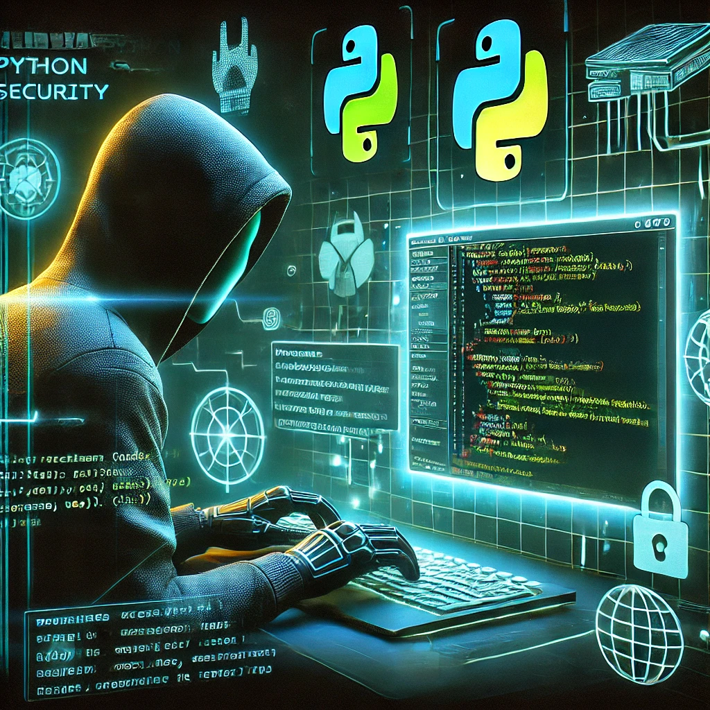 A cyber-themed illustration of a hacker using Python code on a glowing computer screen, with digital security elements like firewalls, encrypted data, and network nodes in the background, symbolizing cybersecurity.
